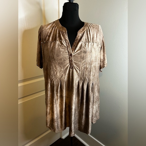 Shannon Ford New York Tan Ombre Silky Short Sleeve Peasant Tunic Top Women 1x - Picture 1 of 8